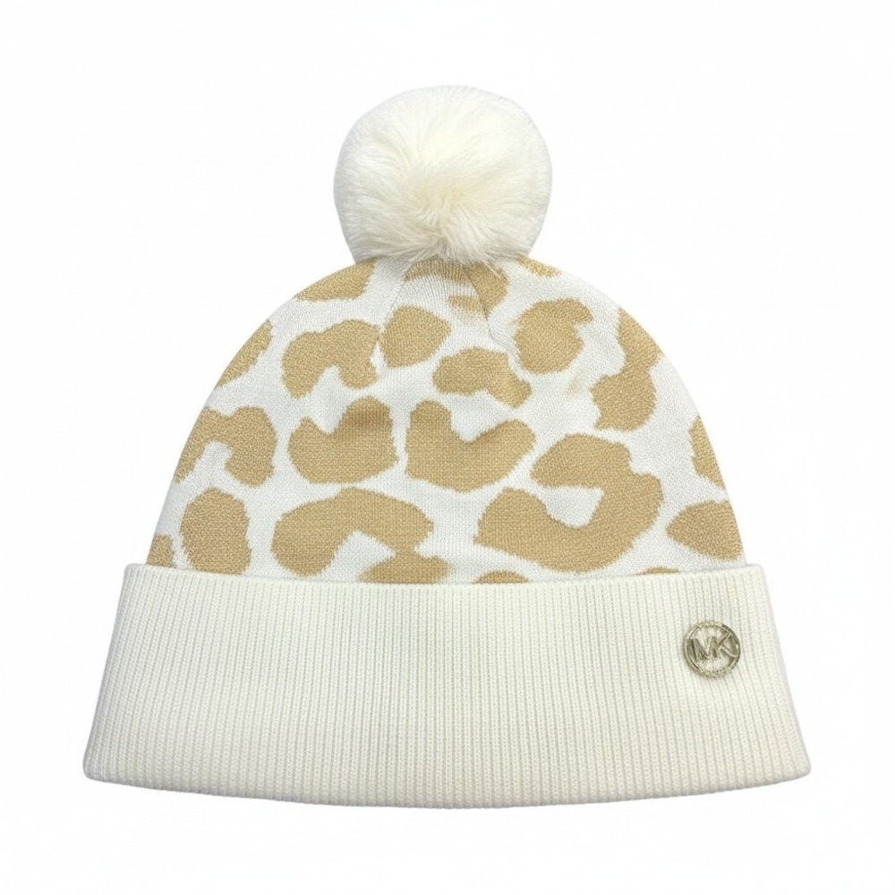 Michael Kors Leopard Print Pom Beanie Women OS White Gold Metallic Winter Hat